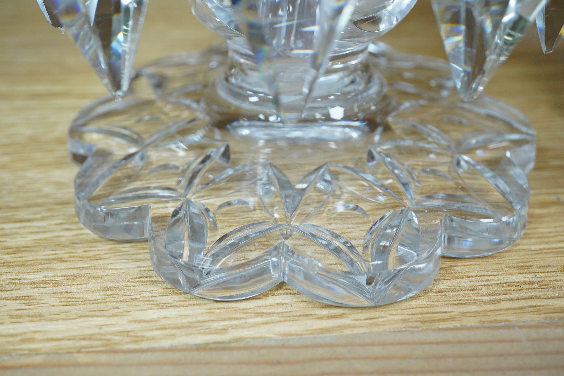 A pair of Victorian glass table lustres with drops, 26cm high
